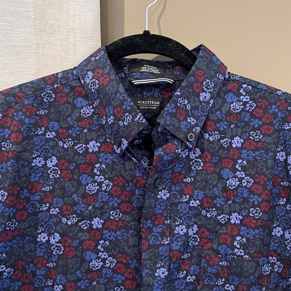 Men's Nordstrom Rich Blue Cotton Floral Print, Short Sleeve, Size Medium